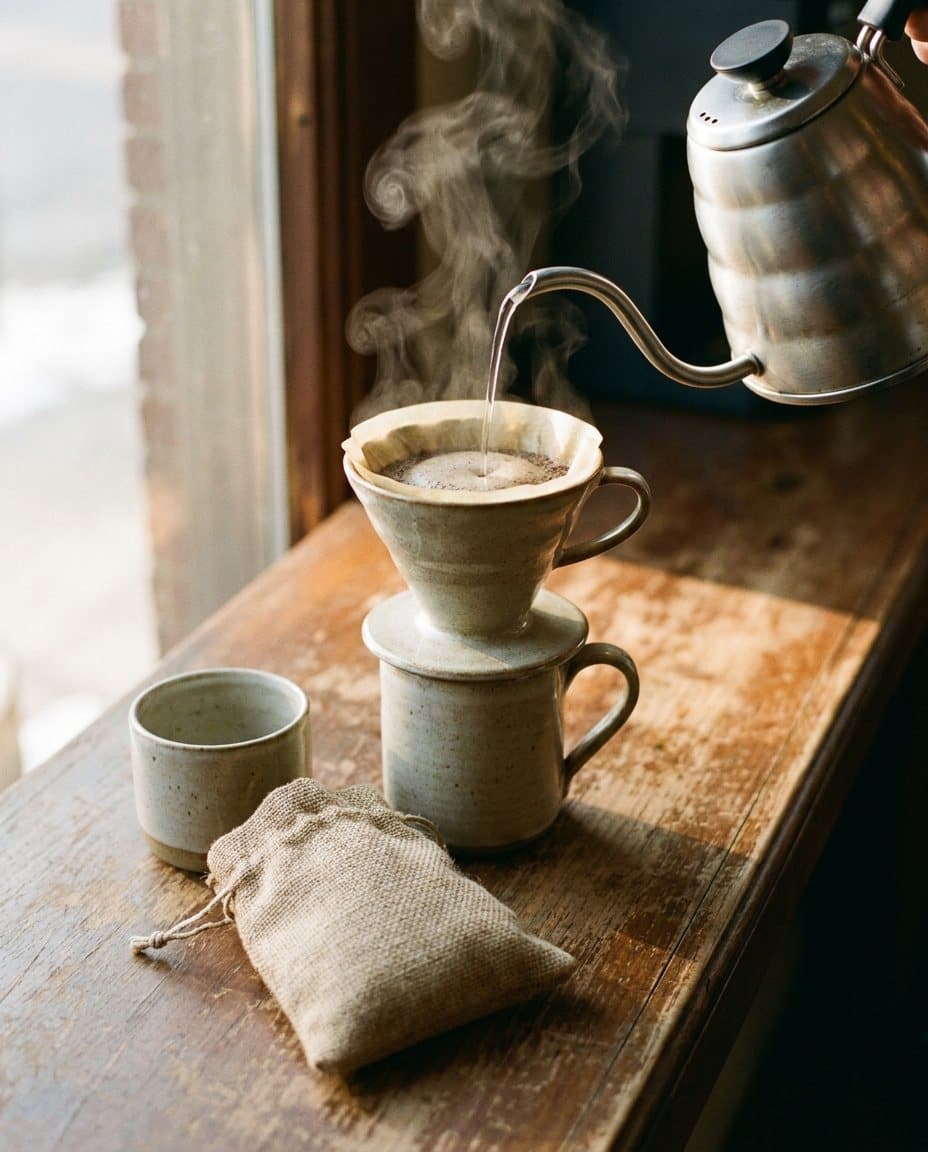 Pour-over coffee brewing on a wooden counter