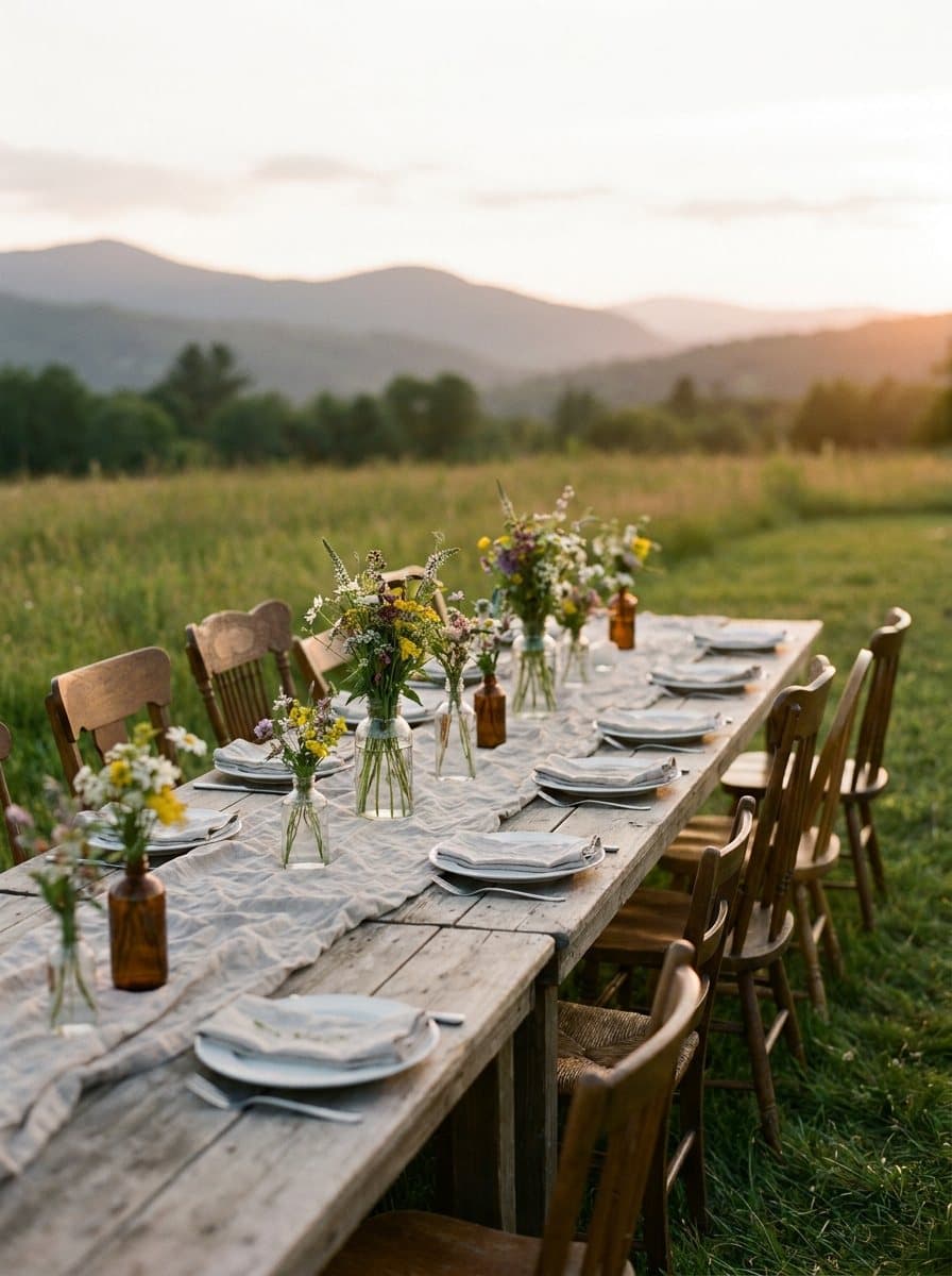 A long dinner table set with wildflowers in a mountain meadow at sunset