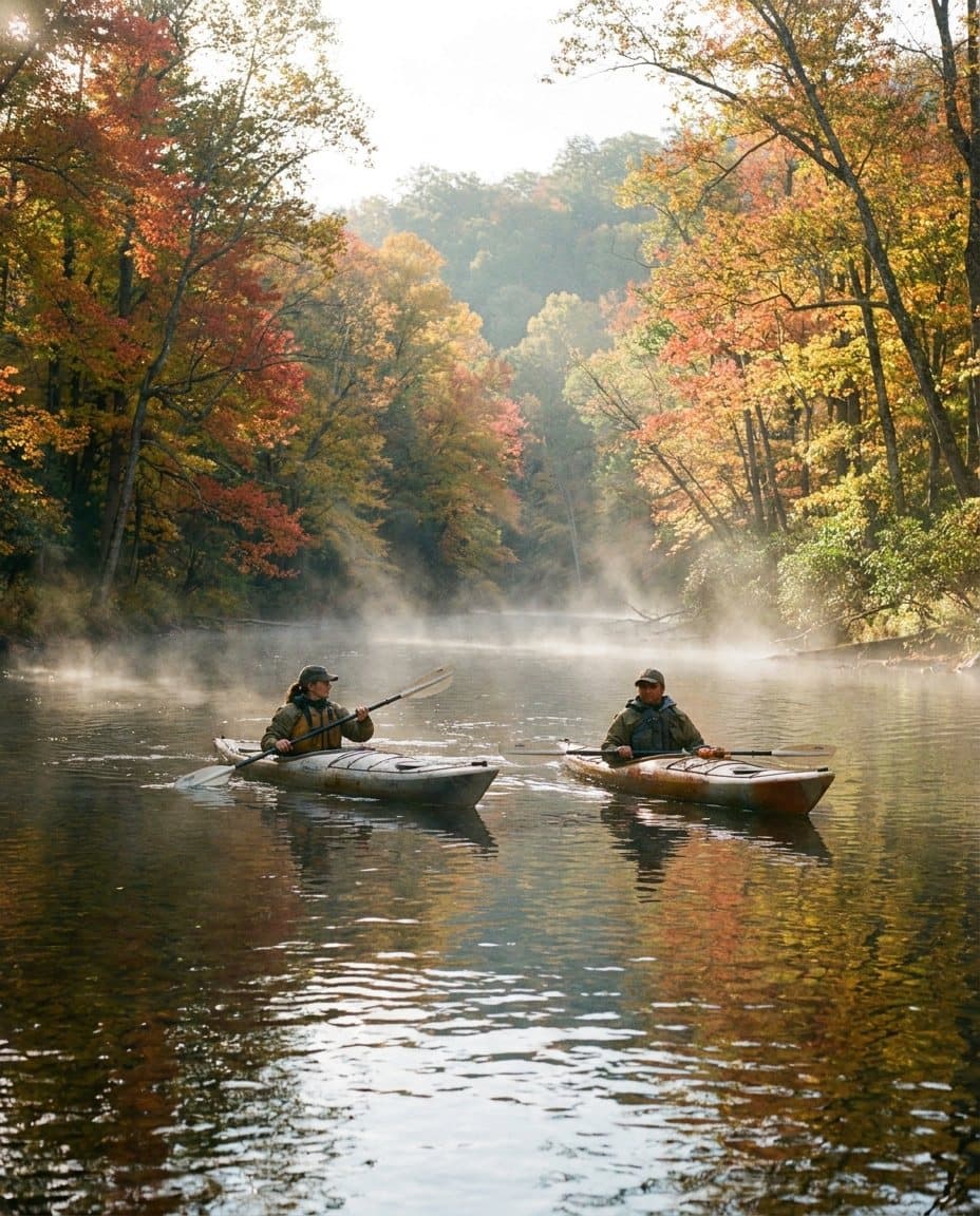 Two kayakers on a misty river lined with fall color