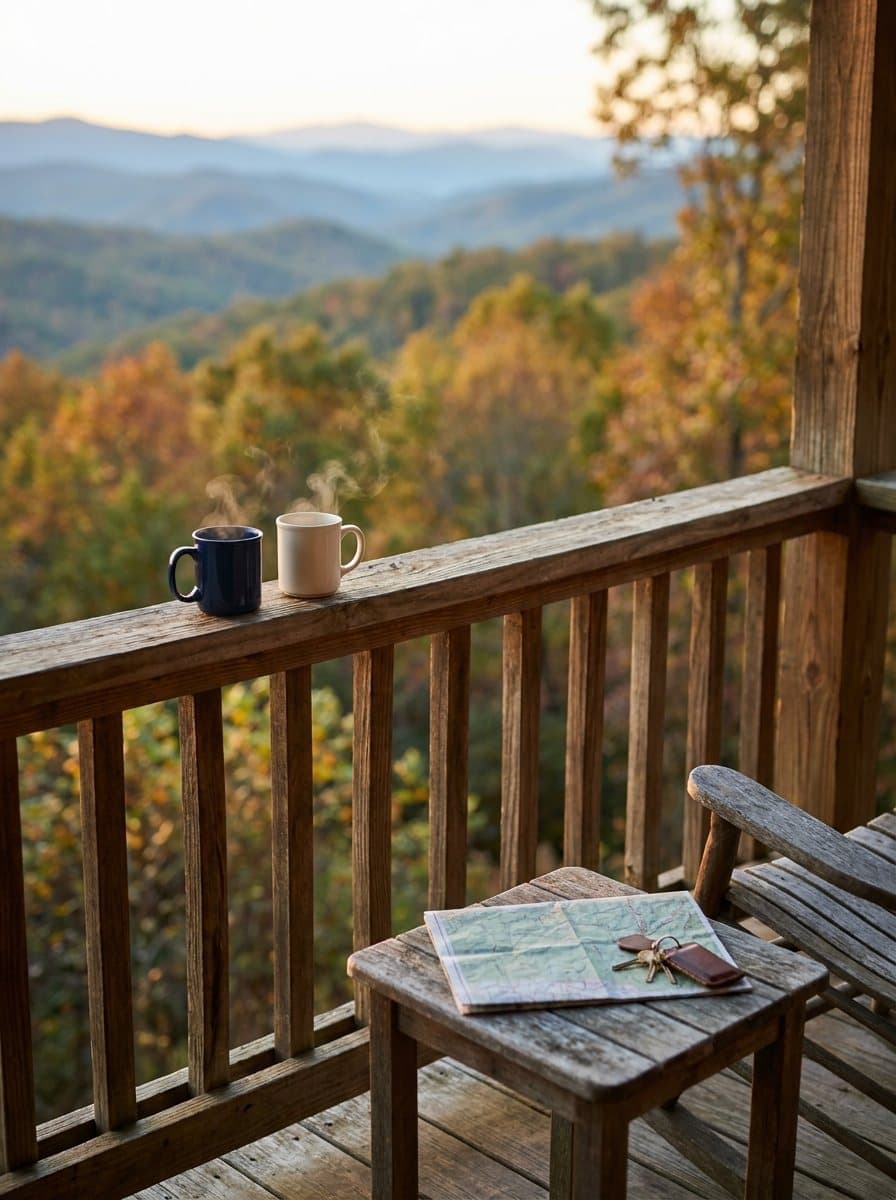 Two coffee mugs on a cabin porch railing overlooking fall mountains, with a map and house keys on a side table