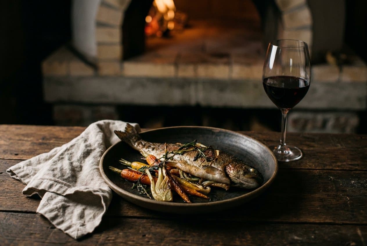 Wood-fired trout with charred vegetables and a glass of red wine