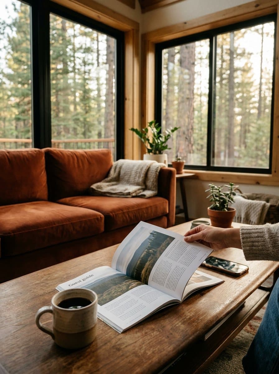 A guest reading an open guest guide on a cabin coffee table, coffee mug beside it