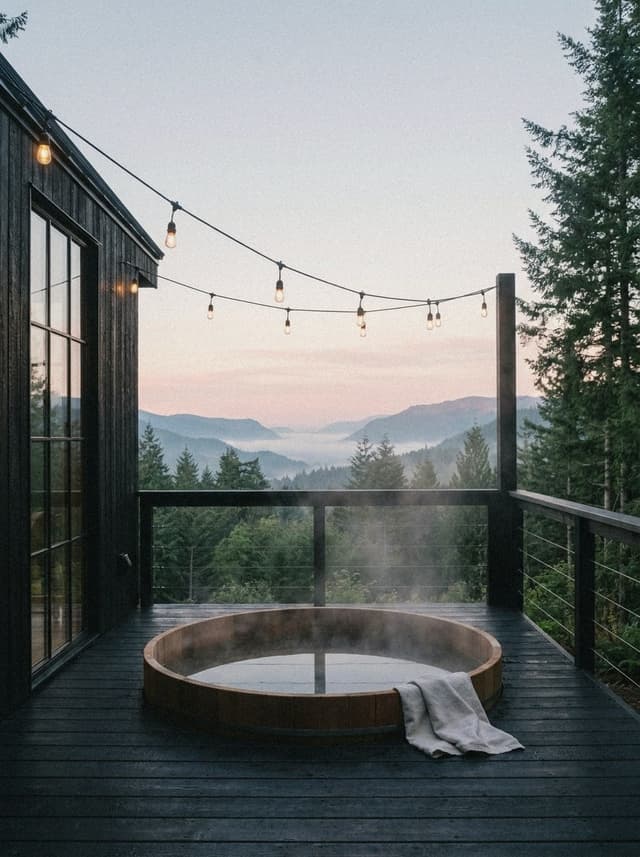 A round cedar hot tub steaming on a dark deck at dusk
