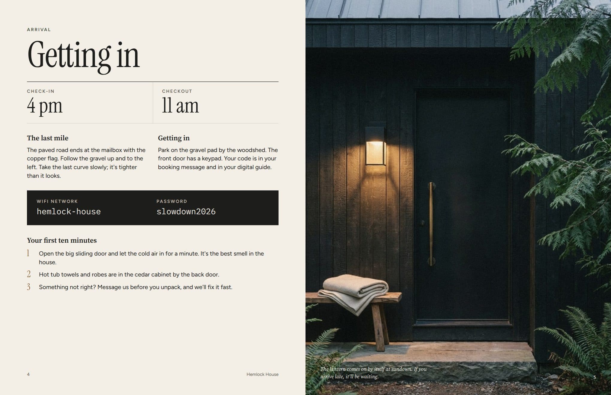 Arrival spread from the sample issue: check-in times, wifi details and first steps beside a photo of the front door at dusk