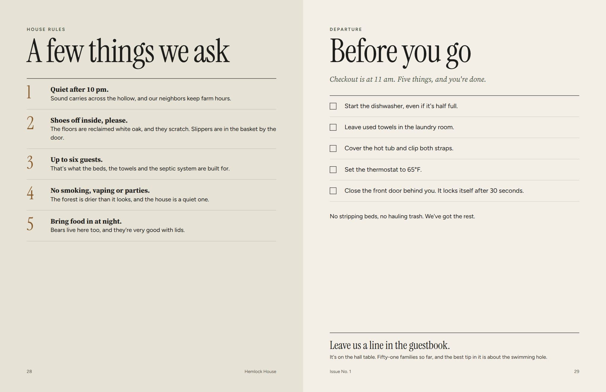 House rules and departure spread from the sample issue: five rules and a five-step checkout list