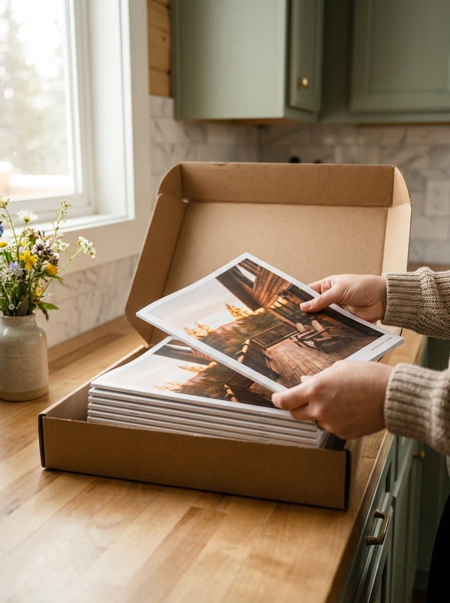 A host lifting a freshly printed guest guide out of a shipping box on a kitchen counter