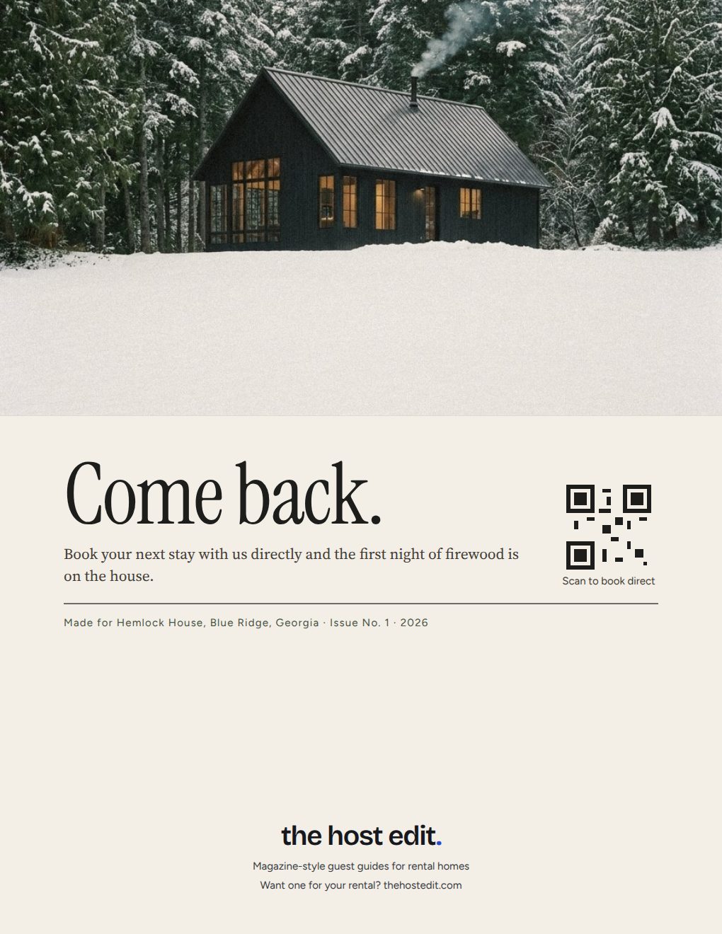 Back cover with the house in snow and a code to book direct