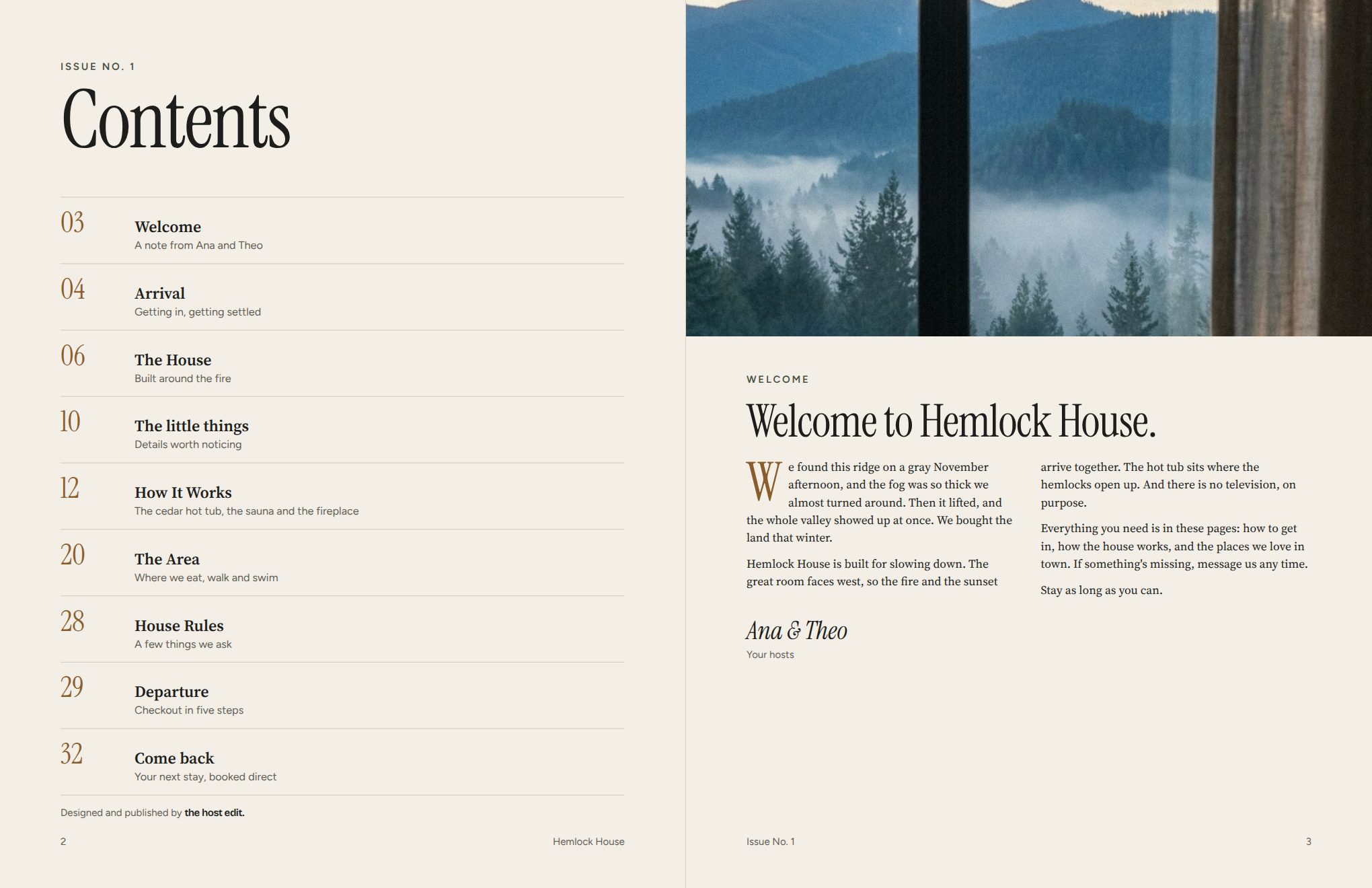 Contents page and a welcome letter from the hosts beside a photo of fog in the valley