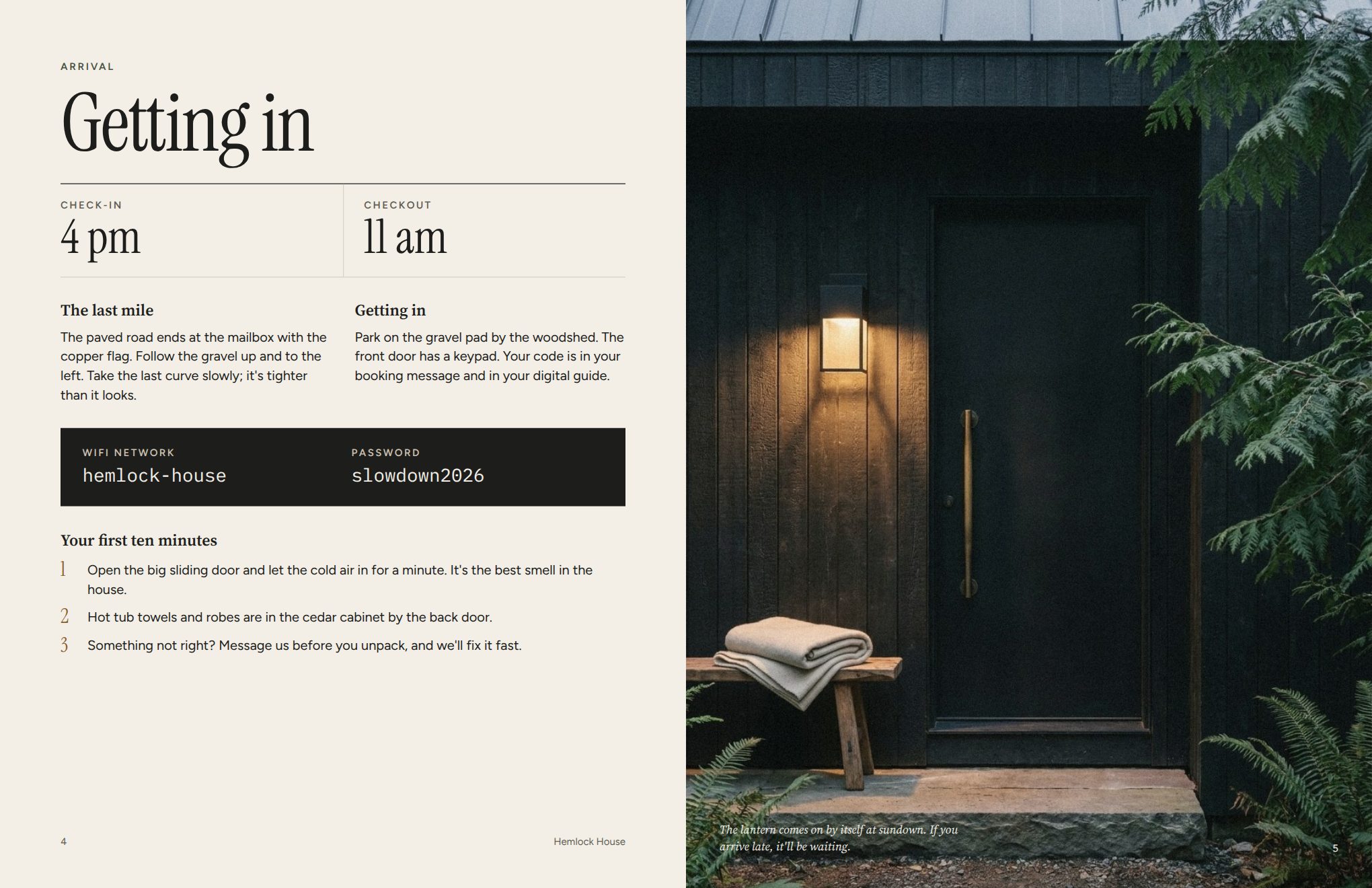 Arrival spread with check-in times, wifi details and first steps beside a photo of the front door at dusk