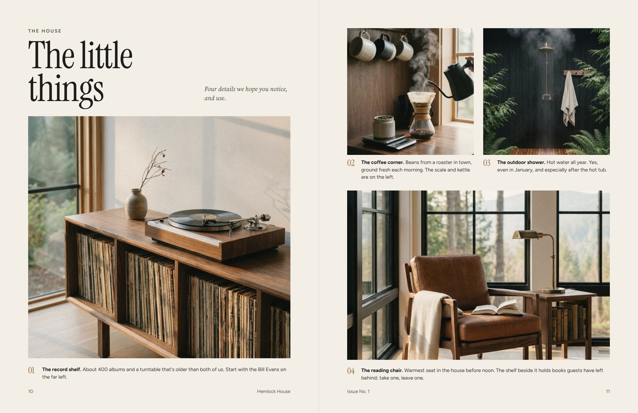 Spread of four house details: the record shelf, coffee corner, outdoor shower and reading chair