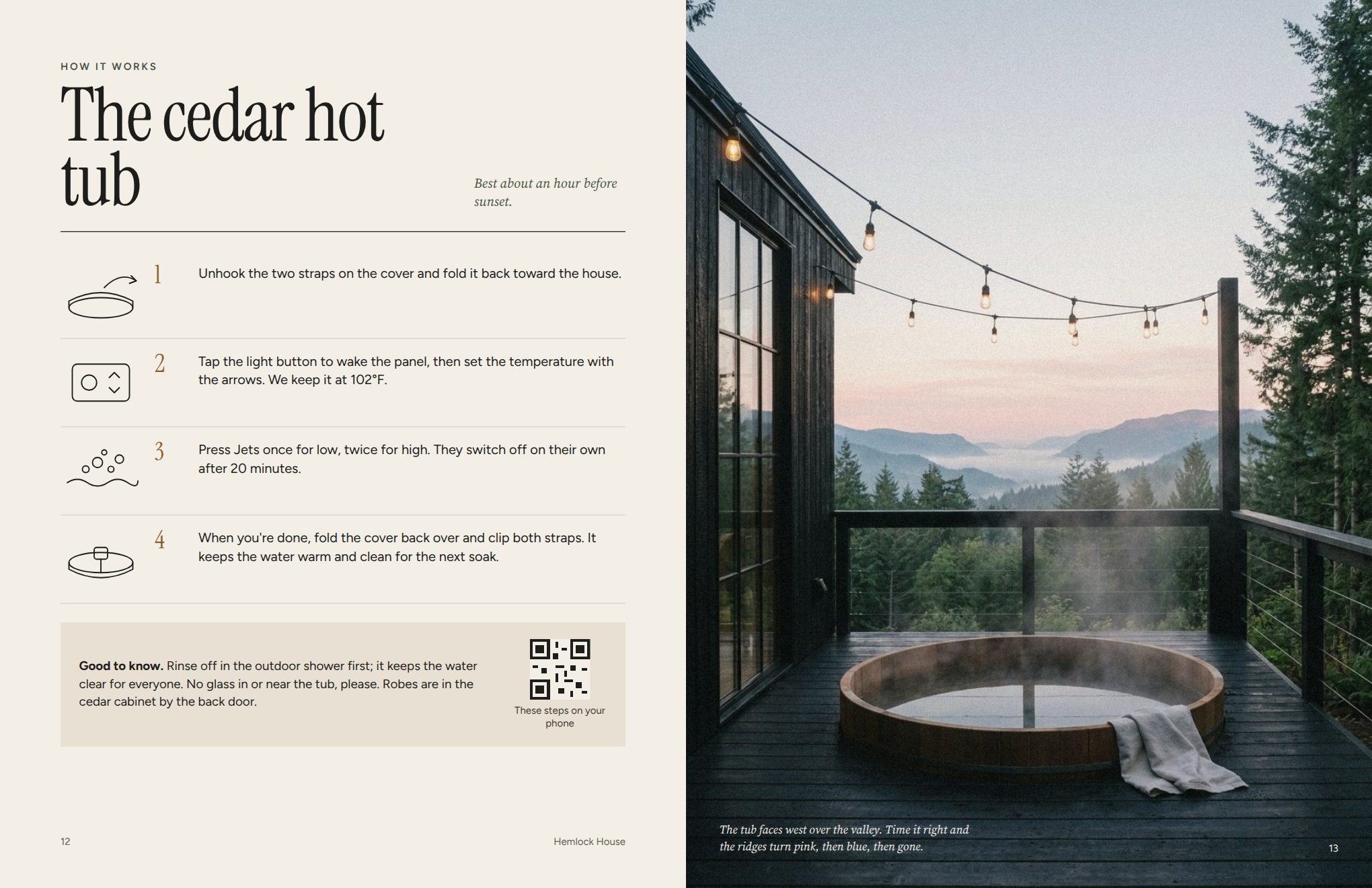 Step-by-step hot tub instructions with line drawings and a QR code, beside a photo of the steaming tub