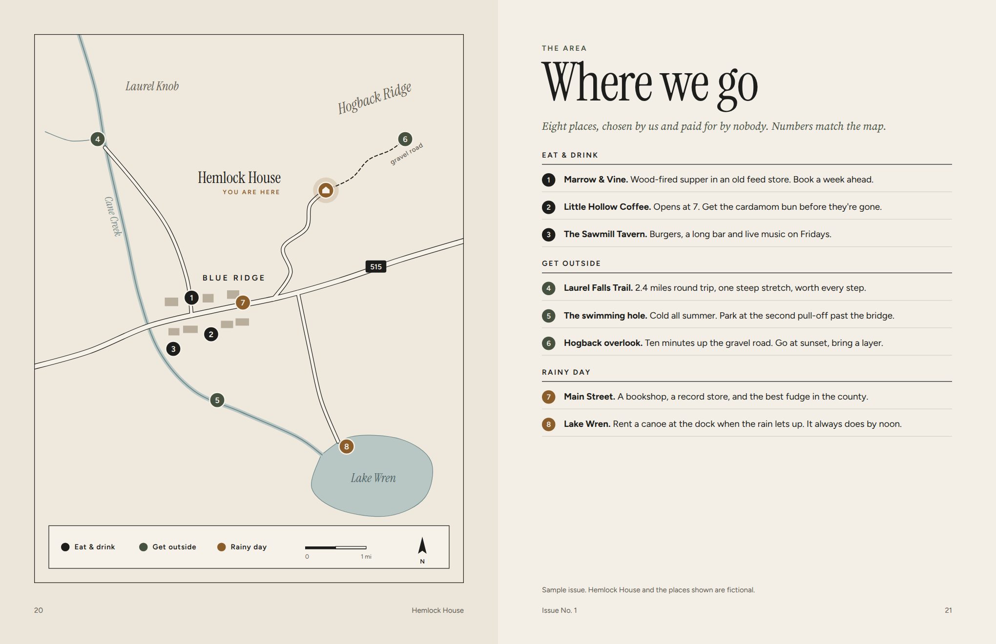 A simple map of the area with eight numbered places and the list that goes with it